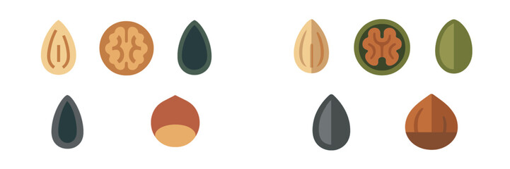 Collection of various nuts and seeds including almond, walnut, sunflower, pumpkin, hazelnut, and chestnut