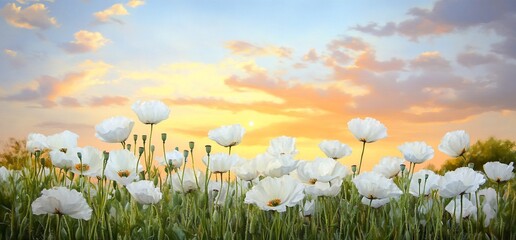 White Poppy Field Under a Golden Sunset Sky with Soft Clouds