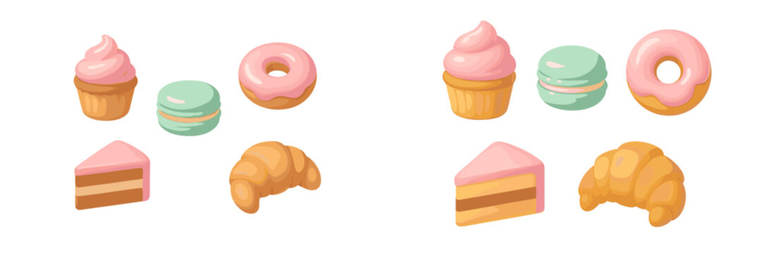 Colorful sweet treats and breakfast items including frosted cupcakes, glazed donuts, delicate macarons, rich cake slices, and flaky croissants