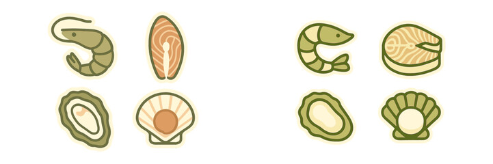 Stylized collection of fresh seafood items featuring shrimp, salmon fillets, oysters, and scallops for culinary themes
