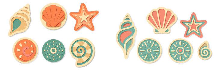 Vibrant layered paper cut style marine life collection featuring various seashells, conch, and starfish