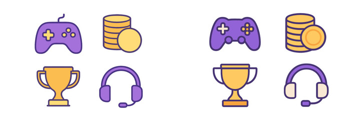 Collection of gaming elements featuring purple game controllers, gold coin stacks, shiny trophies, and audio headsets