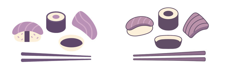 Stylized Japanese food items including nigiri, maki roll, sashimi, soy sauce bowl, and wooden chopsticks © icon_art