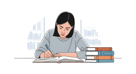 Young woman with dark hair studying at a desk, writing in a book with a stack of books next to her.