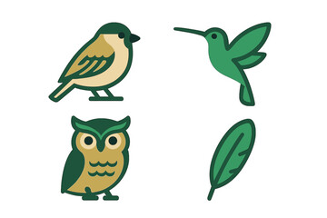 A diverse collection of birds featuring a small songbird, a flying hummingbird, a wise owl, and a delicate feather