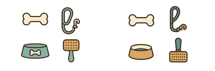 Collection of essential pet care accessories including dog bones, leashes, food bowls, and grooming brushes