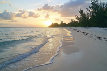 Golden Hour Beach Scene with Gentle Waves and Silhouetted Trees