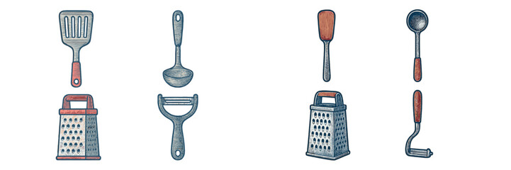 Essential kitchen utensils and cooking tools including spatulas, ladles, graters, peelers, and mashers for culinary tasks