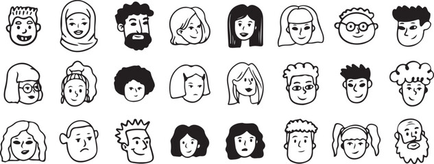 Fototapeta premium Human Faces Doodle Pack – Character, Portrait, Head, Cartoon, Expression, People, Hand-drawn, Minimal, Sketch, Kids, Outline, Black, White, Funny, Cute, Icon, Vector, Doodle, Art