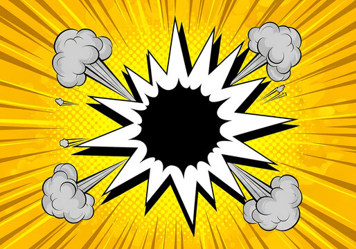 Dynamic comic book explosion effect with radiating lines and puffs of smoke, showcasing a vibrant yellow and black color scheme, reminiscent of classic superhero action scenes