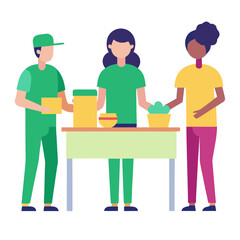 Diverse volunteers working together to sort and pack donations at a table