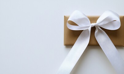 Kraft Gift Box Adorned with a Silken White Bow on a Clean White Surface