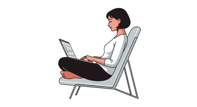 A woman with short dark hair sits cross-legged in a chair, working on a laptop computer.