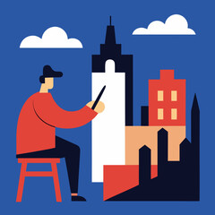 Artist paints a stylized cityscape with buildings and clouds
