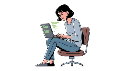 Woman seated at a laptop, focused on coding, illustration style.