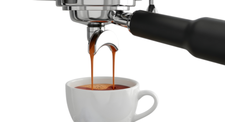 Fresh espresso being brewed into a white mug