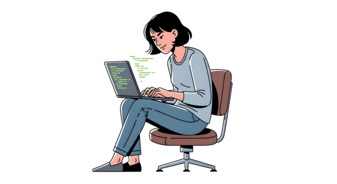 Woman seated at a laptop, focused on coding, illustration style.