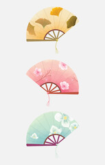 Beautiful elegance hand fan illustration watercolor style. Folding fan painting collection set isolated vector for decoration, asset, design, background