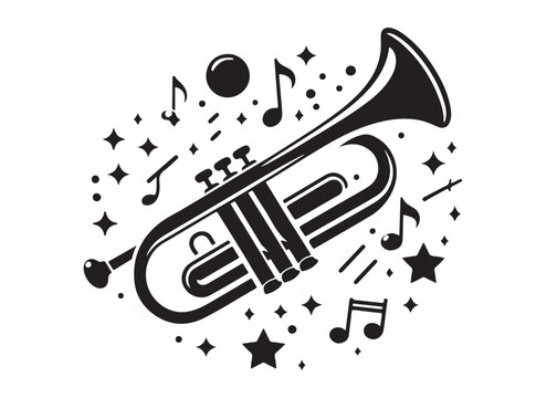 trumpet logo silhouette vector, trumpet vector silhouette illustration, jazz trumpet logo vector silhouette, trumpet silhouette vector, musical instrument logo silhouettes vector on white background.  - Powered by Adobe