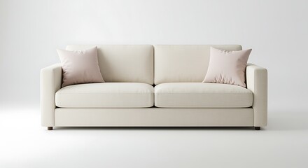 Fototapeta premium Cream fabric sofa with two pale pink throw pillows on white background couch furniture