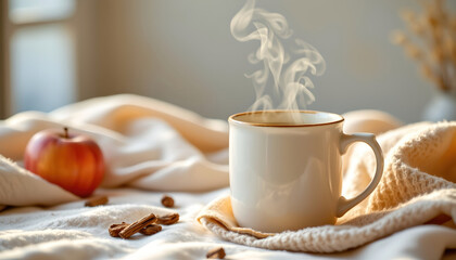 Fototapeta premium Cozy steaming mug of spiced tea on soft blanket with apple and cinnamon, warm autumn morning feeling