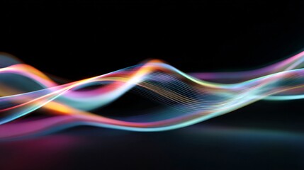 Fluid motion of curved light streaks glowing with vibrant neon colors in wave form