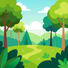 Naklejka premium Peaceful forest scene with greenery, trees, and foliage in a bright, open area vector natural landscape background.