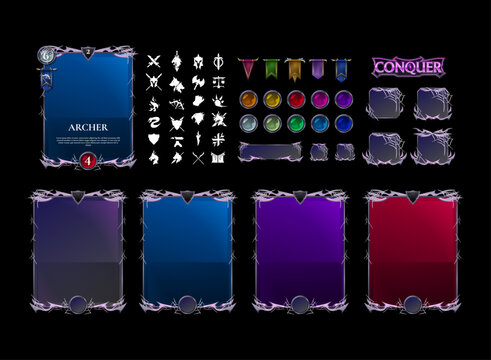 Set of Fantasy Horror Halloween Trading Card Game Templates &mdash; Scary TCG Collection with Flag, Button, Frame, Banner, and Class Role Icon Decorations