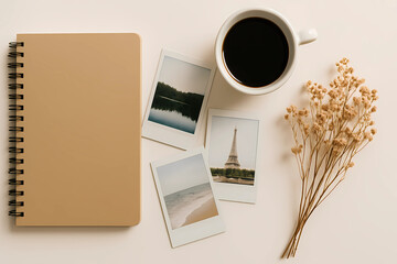 Notepad for instant photos, coffee. The notebook is on a white background with dried flowers