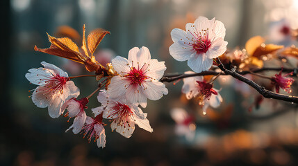 Blossoming cherry branch glows in soft light. Represents spring, beauty, nature, peace. Use for design, web, marketing, editorial.