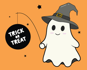 Cute Halloween Ghost Illustration with Witch Hat and Trick or Treat Sign – Festive Cartoon Design for Holiday Decorations