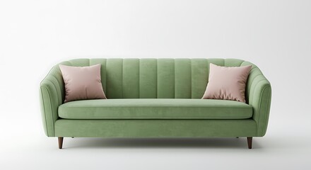 Fototapeta premium Light green velvet sofa with pink cushions on white background couch furniture