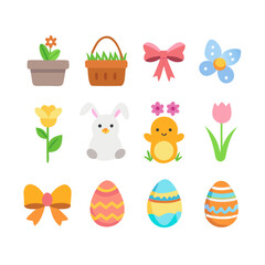 Colorful Easter Eggs and Cute Bunny with Spring Flower Illustration