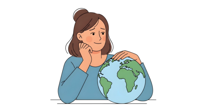 Thoughtful woman gently cradles a globe, contemplating the world.