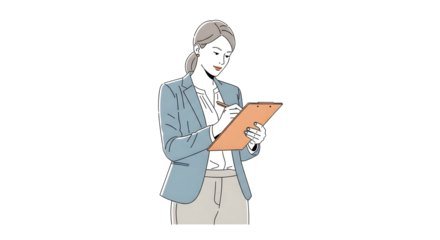 Businesswoman attentively reviewing documents on a clipboard.