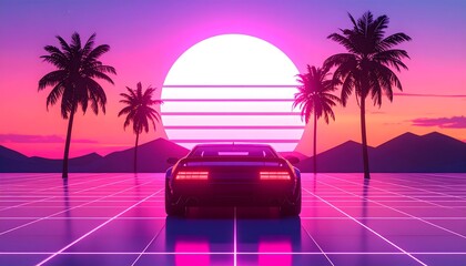 Retro synthwave car driving into the sunset with palm trees, vibrant neon colors, and a futuristic aesthetic