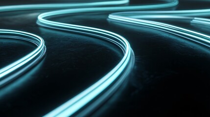 Curved paths of glowing neon lines bending with fluid digital motion