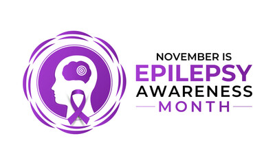 Epilepsy Awareness Month, observed in November, raises awareness about epilepsy, seizures, treatment, and brain health. Purple ribbon and  brain Vector illustration. Banner poster, social media vector