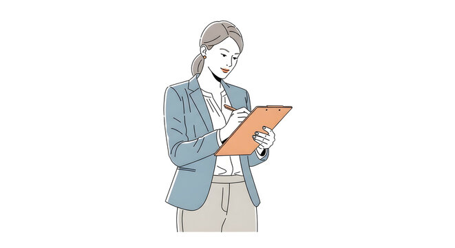 Businesswoman attentively reviewing documents on a clipboard.