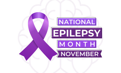 Epilepsy Awareness Month, observed in November, raises awareness about epilepsy, seizures, treatment, and brain health. Purple ribbon and  brain Vector illustration. Banner poster, social media vector