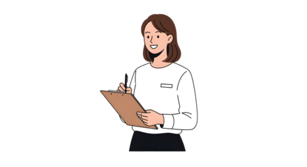 Smiling woman writing notes on clipboard, professional attire, happy expression, work task.