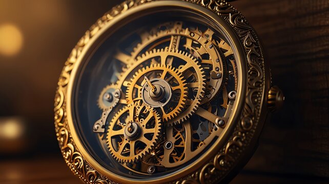 Intricate antique pocket watch mechanism, golden gears in a timepiece, historical detail, vintage craft, complex engineering.