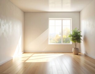 Obraz premium A sun-drenched interior room, showcasing natural light and a minimalist aesthetic, with a small plant in a neutral-toned pot.