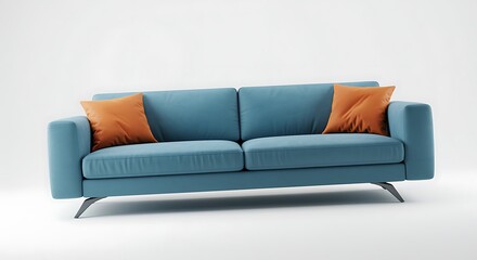 Teal blue sofa with orange accent pillows on white background couch furniture