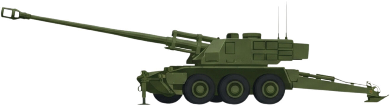M777 Howitzer Military Artillery &ndash; Detailed Side View Vector Illustration in Olive Drab Green with Flat Colors and Shading
