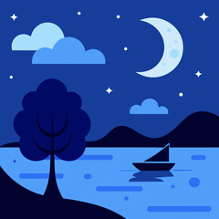 Naklejka premium River boat, tree, moon, stars and clouds in dark blue sky at night vector landscape background.