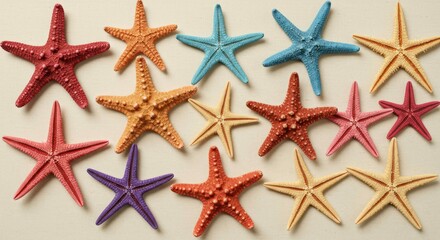 Collection of colorful starfish on a light background, top view