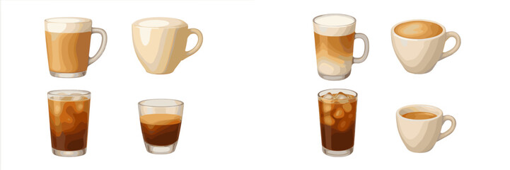 Assortment of popular coffee beverages including hot lattes, iced coffee, and espresso in various cups and glasses