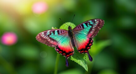 Fototapeta premium Vibrant tropical butterfly resting on a green leaf in sunlit garden