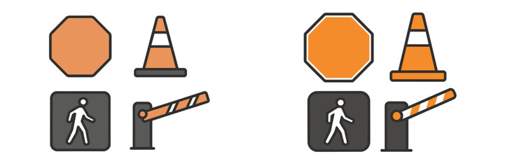 Road safety and access control symbols featuring stop sign, traffic cone, pedestrian crossing, and barrier arm